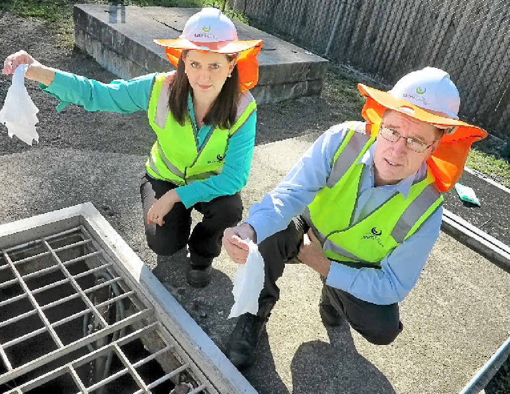 STOP THE FLUSH: Queensland Urban Utilities’ Michelle Cull and Col Hester at the pump station. STOP THE FLUSH: Queensland Urban Utilities’ Michelle Cull and Col Hester at the pump station.